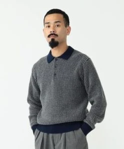 Beams Plus7 Gauge Crochet Like Polo Shirt - Brown Mustard -Men Outfitters Shop BEAMS PLUS 7 gauge crochet like polo shirt Brown Mustard 20231016213108 1