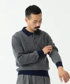 Beams Plus7 Gauge Crochet Like Polo Shirt - Brown Mustard -Men Outfitters Shop BEAMS PLUS 7 gauge crochet like polo shirt Brown Mustard 20231016213108 2