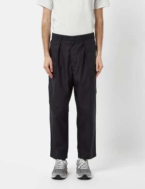 Beams Plus80/3 Cotton Satin 1 Pleat Trousers - Navy Blue