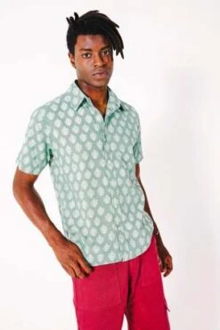 DUSHYANT.Hand Block Printed The Prat Short Sleeve Shirt - Sage/White Leaf Motif -Men Outfitters Shop Hand Block Printed The Prat Short Sleeve Shirt in Sage and White Leaf Motif 20230903212606