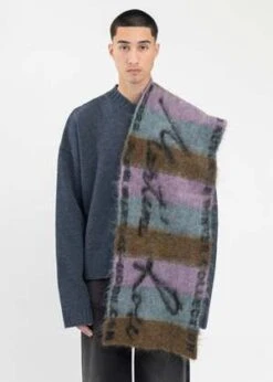 Martine RoseBRUSHED MOHAIR SIGNATURE SCARF - KHAKI/LILAC/CORNFLOWER