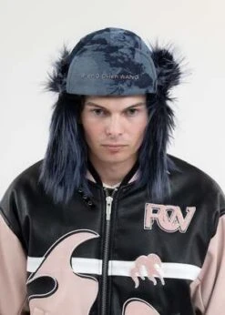 Feng Chen WangFaux Fur Phoenix Pattern Denim Earmuffs Cap - Navy