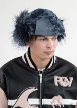 Feng Chen WangFaux Fur Phoenix Pattern Denim Earmuffs Cap - Navy -Men Outfitters Shop NAVY FAUX FUR PHOENIX PATTERN DENIM EARMUFFS CAP 20230819122118 1