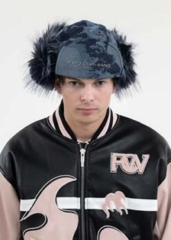 Feng Chen WangFaux Fur Phoenix Pattern Denim Earmuffs Cap - Navy -Men Outfitters Shop NAVY FAUX FUR PHOENIX PATTERN DENIM EARMUFFS CAP 20230819122118