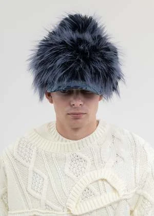 Feng Chen WangFaux Fur Phoenix Pattern Denim Octagonal Hat - Navy 1 Feng Chen WangFaux Fur Phoenix Pattern Denim Octagonal Hat - Navy