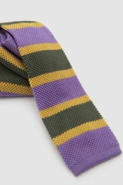 DRAKE'SStripe Silk Knitted Tie - Purple/Grey/Gold -Men Outfitters Shop Stripe Silk Knitted Tie Purple Grey Gold 20230929113938 2