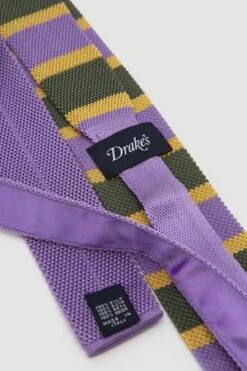 DRAKE'SStripe Silk Knitted Tie - Purple/Grey/Gold -Men Outfitters Shop Stripe Silk Knitted Tie Purple Grey Gold 20230929113939