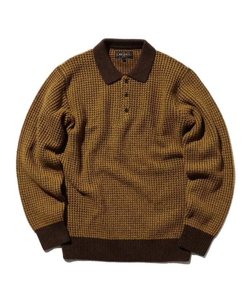 Men Outfitters Shop -Men Outfitters Shop BEAMS PLUS 7 gauge crochet like polo shirt Brown Mustard 20231016213106
